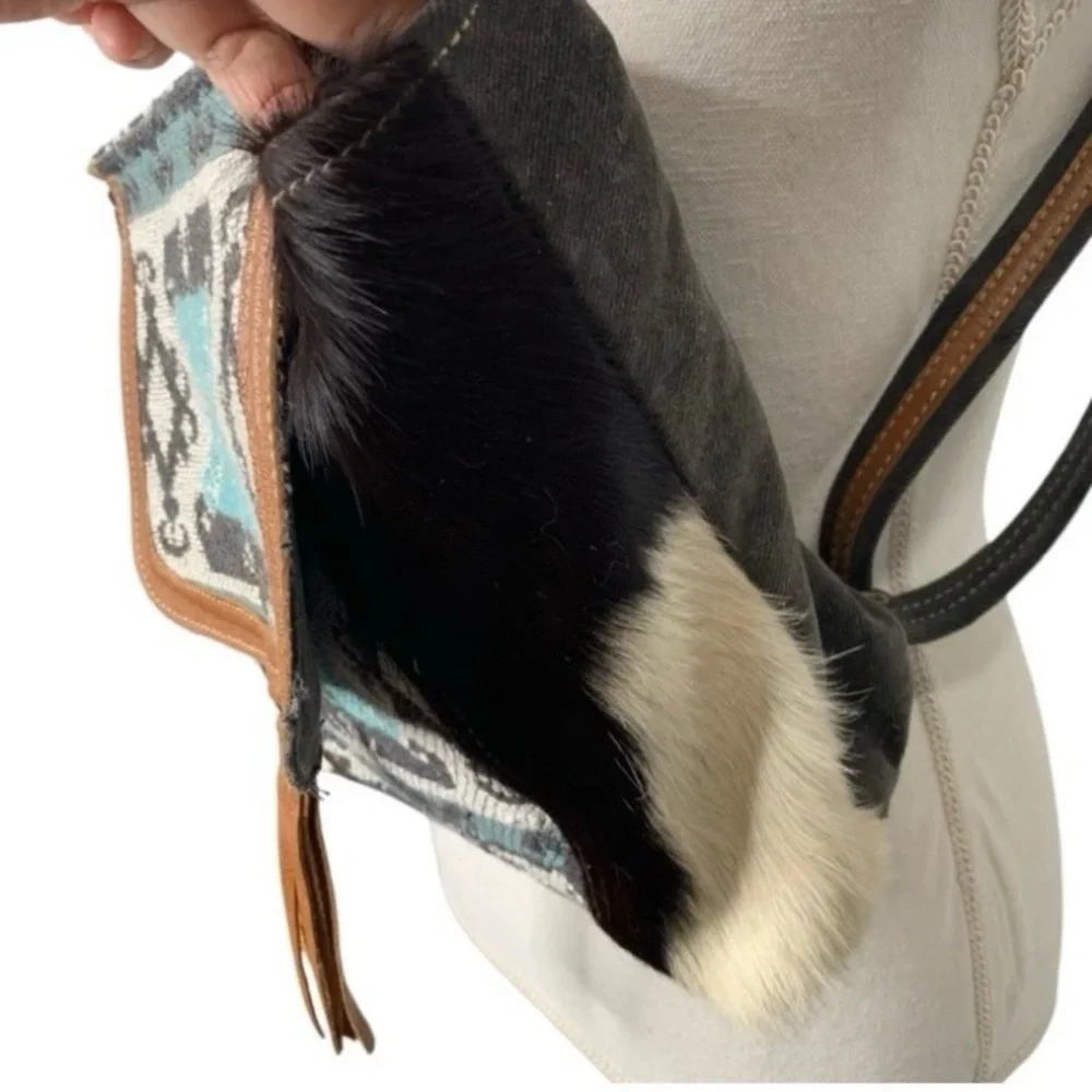 Myra Tapestry & Leather Cowhide Hair BACKPACK HANDBAG‎ 12x13